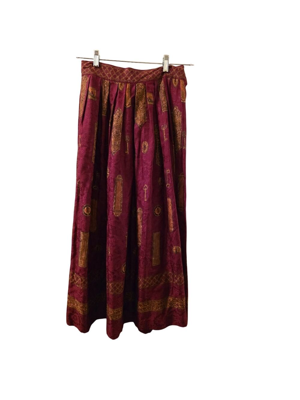 Vtg 80s Hermen Geist Rayon Jacquard Print Maxi Skirt Victorian Key Pattern Sz 10